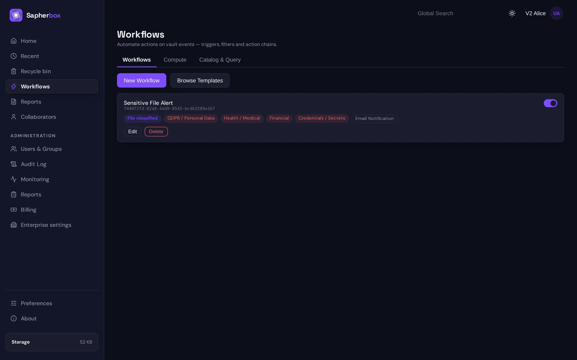 Sapherbox Workflows page showing the enabled workflow Sensitive File Alert with the trigger File classified, the filters GDPR / Personal Data, Health / Medical, Financial and Credentials / Secrets, and the action Email Notification