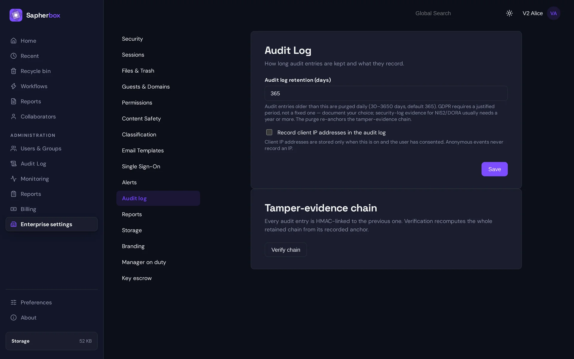 Sapherbox enterprise settings, Audit Log section: retention set to 365 days, the option to record client IP addresses unchecked, and a Tamper-evidence chain panel with a Verify chain button