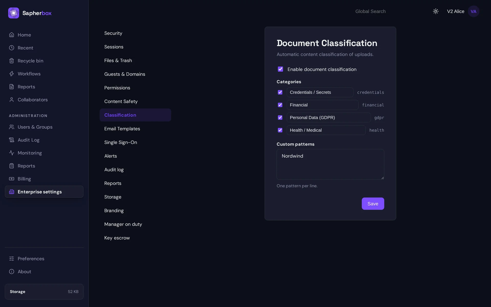 Sapherbox enterprise settings, Document Classification section: classification enabled, the categories Credentials / Secrets, Financial, Personal Data (GDPR) and Health / Medical switched on, and the custom pattern Nordwind entered