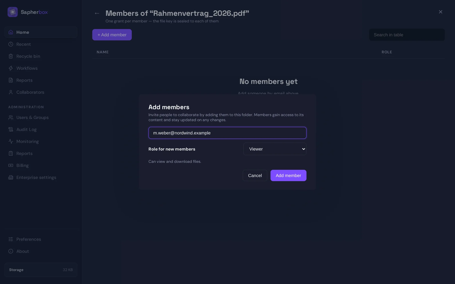 Sapherbox Add members dialog for the file Rahmenvertrag_2026.pdf, with the email address m.weber@nordwind.example entered and the role Viewer selected, above an empty members list that reads No members yet